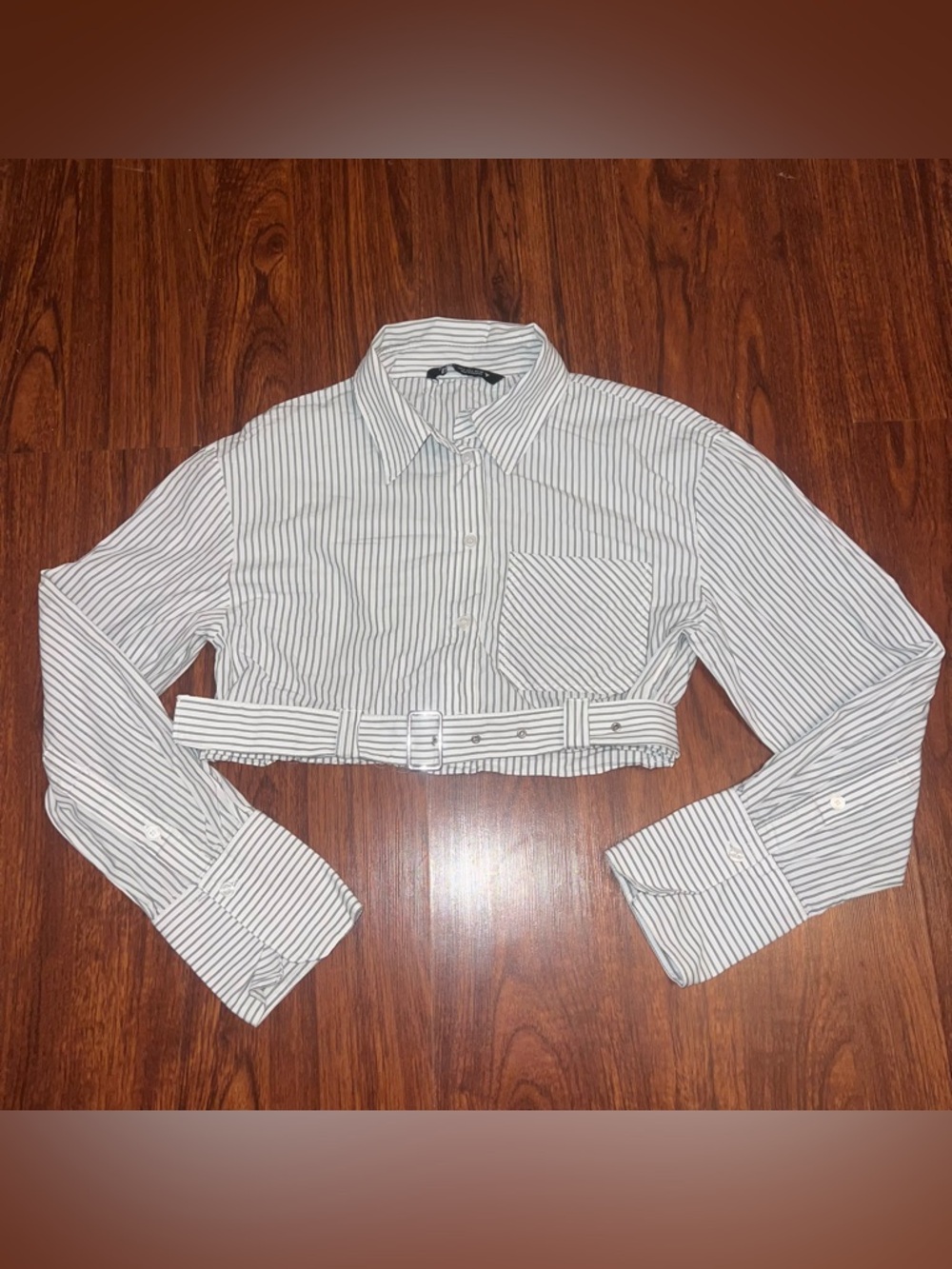 Zara White Cropped Striped Button-Front Top with Belt